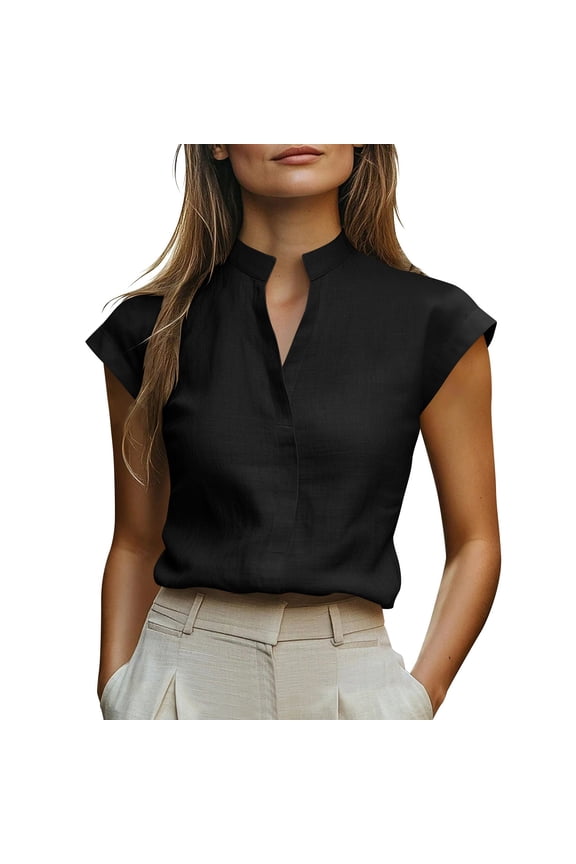 Womens Mandarin Notched Collar Cap Sleeve Linen Blend Blouse Neutral Beige Lightweight Breathable Business Casual Solid Color Workwear Shirt