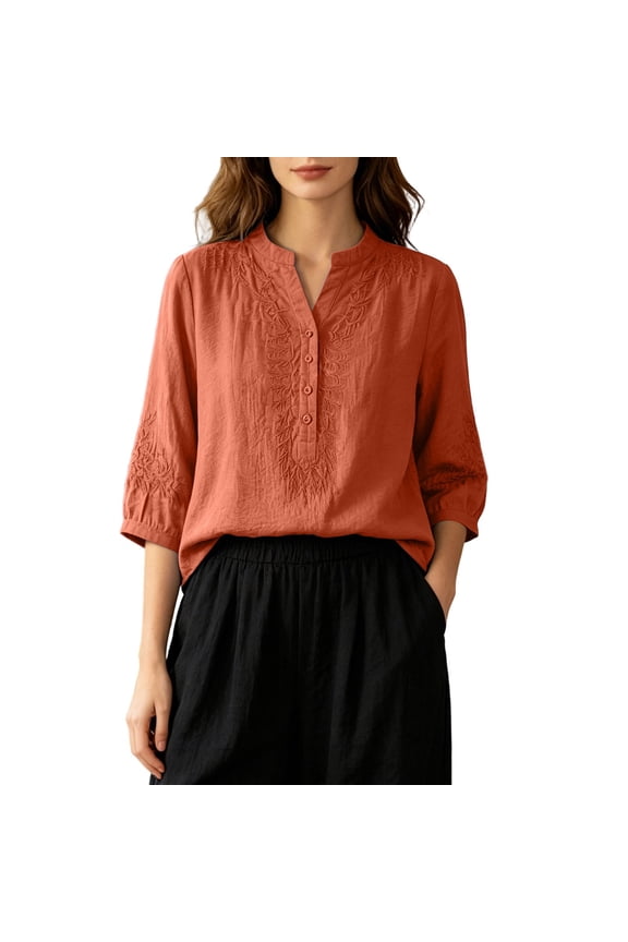 Womens Mandarin Split Neck Blouse Half Button Placket Botanical Embroidery Three Quarter Elastic Cuff Loose Fit Cotton Linen Spring Summer Casual Daily Top