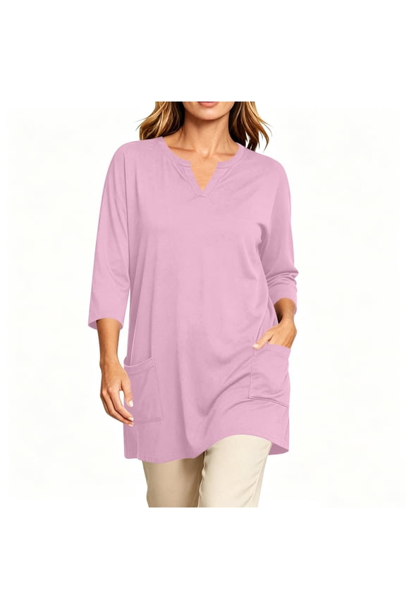 Womens Notch Split V Neck Tunic Top Three Quarter Sleeve Dual Side Patch Pockets Longline Loose Fit All Season Casual Daily Wear Shirt