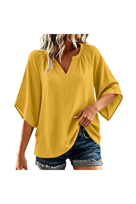 Womens Notched Split V Neck Blouse Raglan Gathered Shoulder Three Quarter Wide Flare Sleeve Curved Hem Loose Textured Cotton Linen Casual Spring Summer Daily Wear Top