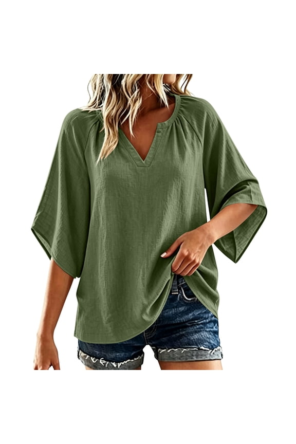 Womens Notched Split V Neck Blouse Raglan Gathered Shoulder Three Quarter Wide Flare Sleeve Curved Hem Loose Textured Cotton Linen Casual Spring Summer Daily Wear Top