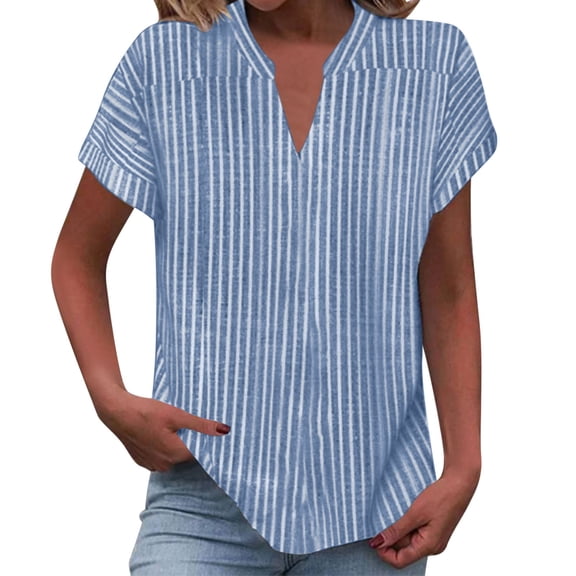 SuTry Womens Notched V-Neck Short Sleeve Blouse Blue White Vertical Stripe Loose Fit Linen-Look Lightweight Breathable Casual Everyday Tunic Top