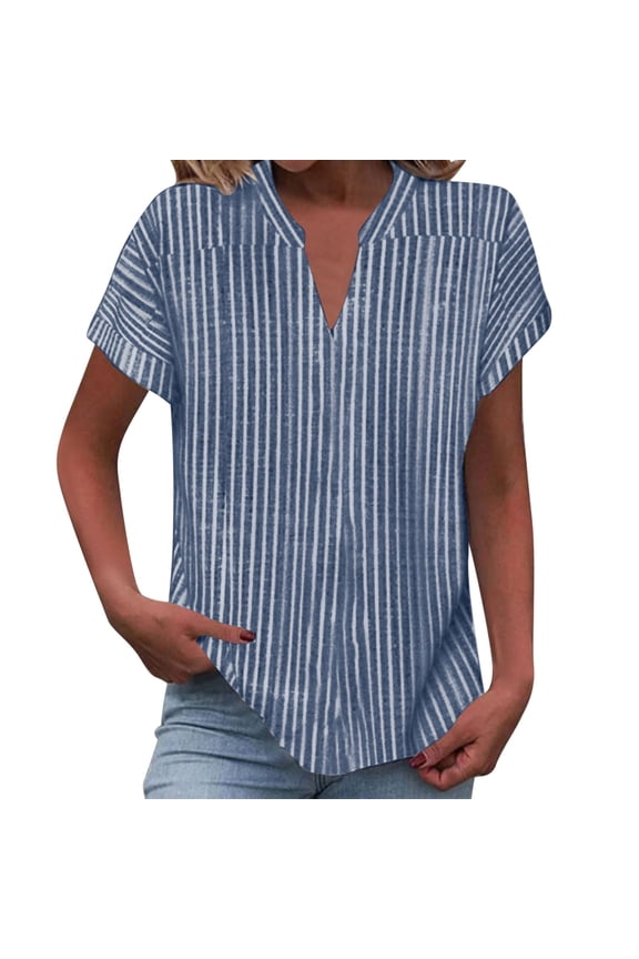 Womens Notched V-Neck Short Sleeve Blouse Blue White Vertical Stripe Loose Fit Linen-Look Lightweight Breathable Casual Everyday Tunic Top