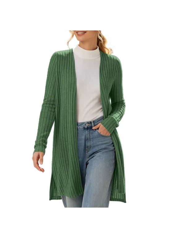 Womens Open Front Cardigan Long Sleeve Ribbed Knit Side Split Relaxed Fit Casual Layering Wardrobe Staple Everyday Wear Outerwear