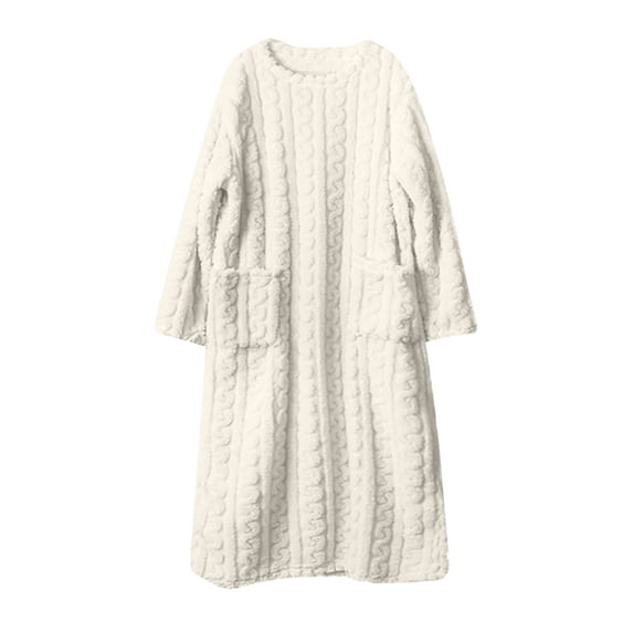 SuTry Womens Pajamas Plush Fall Winter Long Sleeve Solid Color Floor Length Double Pockets Cozy Warm Sleepwear(White,L)