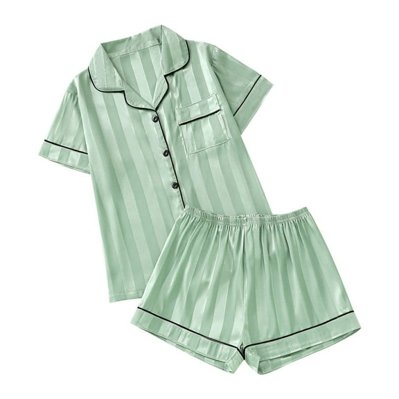 SuTry Womens Pajamas Silk Satin Pajama Set for Women 2 Piece Lounge Shorts Summer Sleepwear Button Down Shirt Shorts(Green,M)