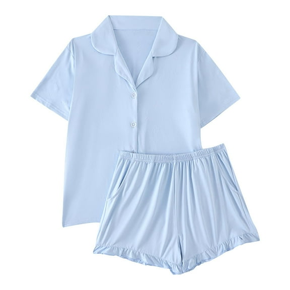 SuTry Womens Pajamas Silk Satin Pajama Set for Women 2 Piece Lounge Shorts Summer Sleepwear Button Down Shirt Shorts(Light Blue,L)
