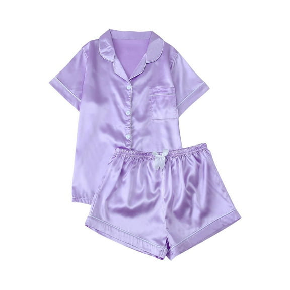 SuTry Womens Pajamas Silk Satin Pajama Set for Women 2 Piece Lounge Shorts Summer Sleepwear Button Down Shirt Shorts(Purple,M)