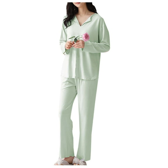 SuTry Womens Pajamas Sleepwear Set Soft Cozy Loose Long Sleeve Round Neck Solid Color Pajama Home Homewear Pajamas for Women Set(Mint Green,L)