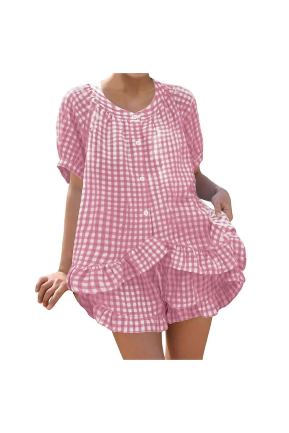 Womens Plaid V-Neck Pajama Set Summer Short Sleeve Ruffle Button Front Comfortable Loungewear Outfit Pajamas for Women Set(Pink,L)