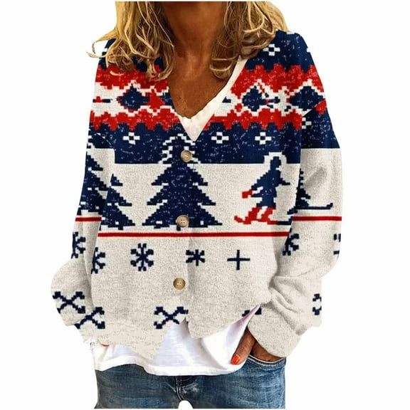 SuTry Womens Plush Christmas Print Cardigan Fall Winter Soft Long Sleeve Button Front Casual Fashion Festive Outerwear Womens Christmas Top Gifts(Blue,S)