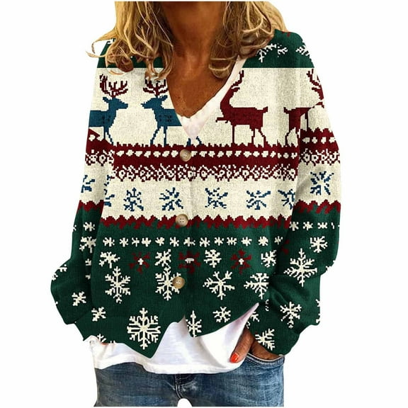 SuTry Womens Plush Christmas Print Cardigan Fall Winter Soft Long Sleeve Button Front Casual Fashion Festive Outerwear Womens Christmas Top Gifts(Green,S)