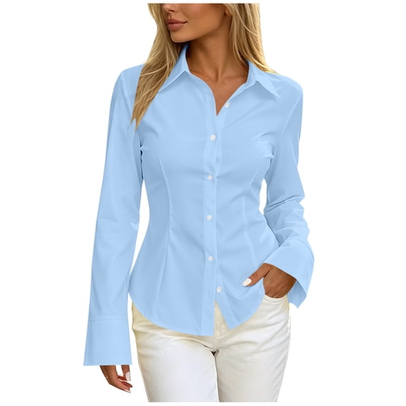 SuTry Womens Point Collar Button Down Shirt Long Sleeve Flared Cuff Tailored Slim Fit Curved Hem Business Casual All Season Dress Blouse