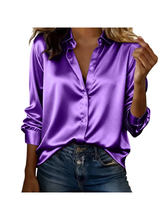Womens Point Collar Shirt Full Button Placket Long Cuffed Sleeve Regular Loose Fit Lustrous Satin Office Casual Daily Wear Top