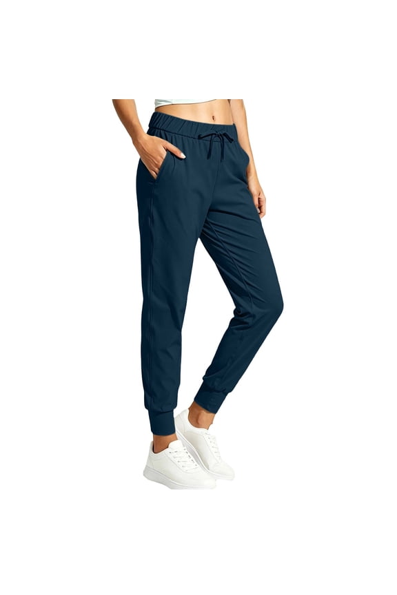 Womens Quick Dry Cuffed Jogger Pants Drawstring Elastic Mid Waist Side Pockets Lightweight Workout Travel Daily Casual Wear Trousers