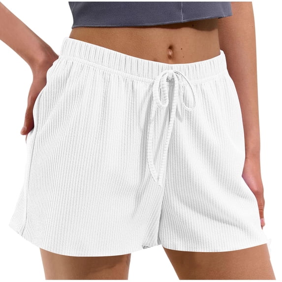 SuTry Womens Ribbed Knit Shorts Drawstring Elastic Waist Scalloped Hem Lightweight Breathable Casual Summer Relaxed Fit Everyday Shorts
