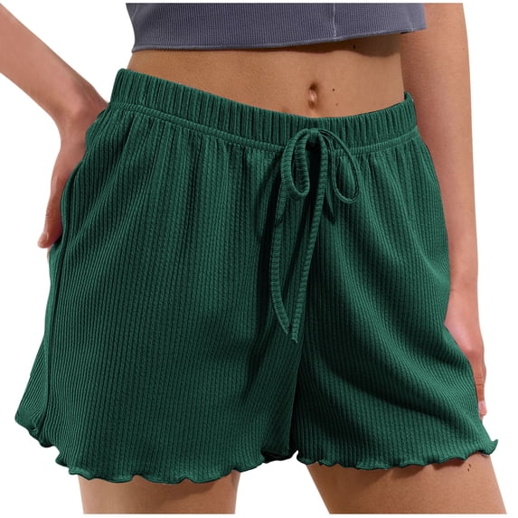 SuTry Womens Ribbed Knit Shorts Drawstring Elastic Waist Scalloped Hem Lightweight Breathable Casual Summer Relaxed Fit Everyday Shorts