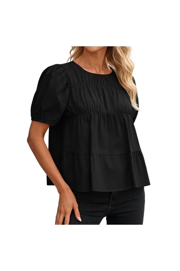 Womens Round Neck Blouse Multi Tier Ruched Bodice Elastic Cuff Puff Short Sleeve Swing Babydoll Loose Fit Casual Spring Summer Daily Wear Top