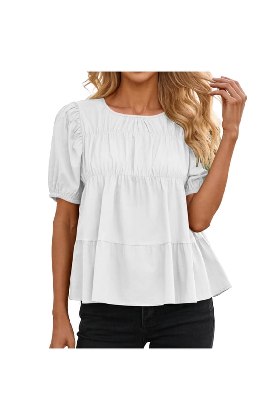 Womens Round Neck Blouse Multi Tier Ruched Bodice Elastic Cuff Puff Short Sleeve Swing Babydoll Loose Fit Casual Spring Summer Daily Wear Top
