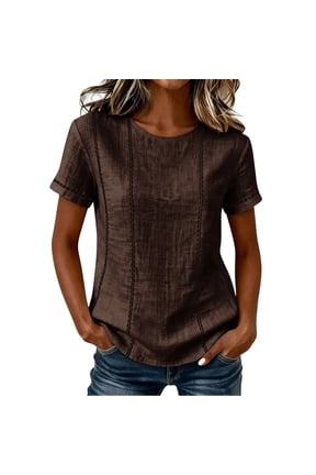 Womens Round Neck Short Sleeve Top Textured Linen Blend Contrast Regular Fit Side Slit Hem Relaxed Breathable Casual Blouse
