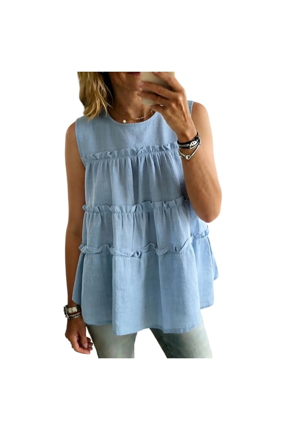 Womens Round Neck Sleeveless Top Tiered Ruffle Linen Blend Loose Fit Lightweight Breathable Casual Blouse
