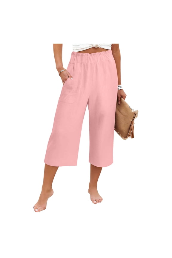Womens Ruffled High Waist Linen Capri Pants Elastic Waistband Patch Side Pockets Straight Wide Leg Cropped Summer Beach Daily Casual Wear Trousers