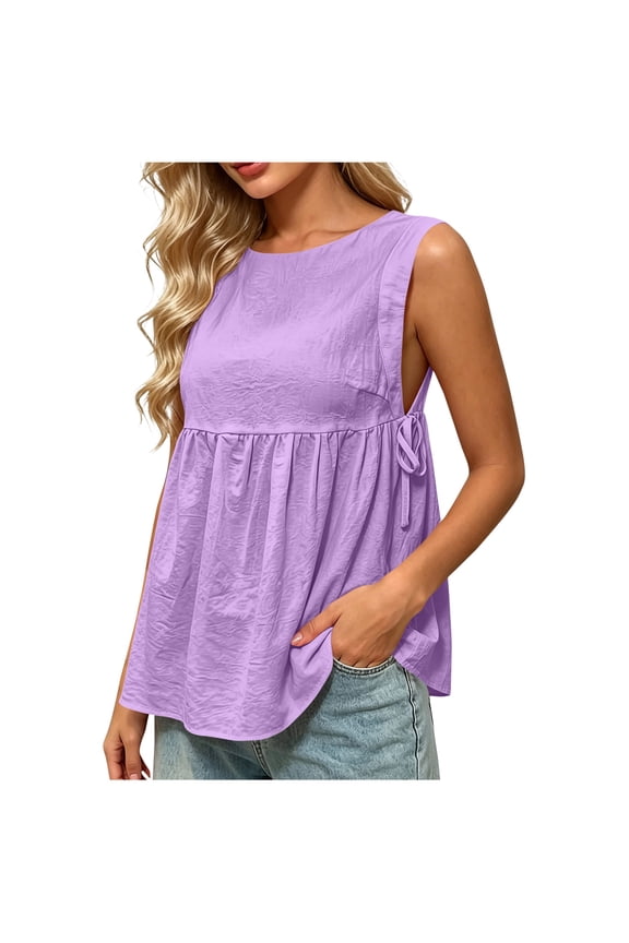 Womens Sleeveless Empire Waist Top Round Neck Side Tie Flowy Lightweight Woven Casual Everyday Summer Peplum Blouse