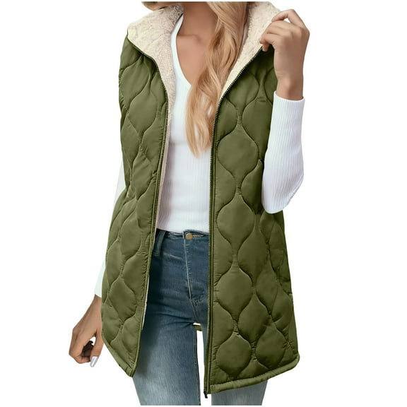 SuTry Womens Sleeveless Padded Vest Hooded Long Length Zipper Solid Color Winter Casual Outerwear Blazer Jackets for Women(Green,L)