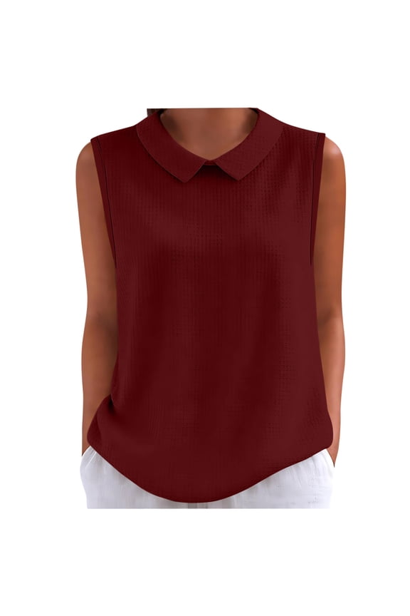 Womens Sleeveless Peter Pan Collar Top Textured Loose Fit Rear Buckle Curved Hem Polyester Solid Color Casual Blouse