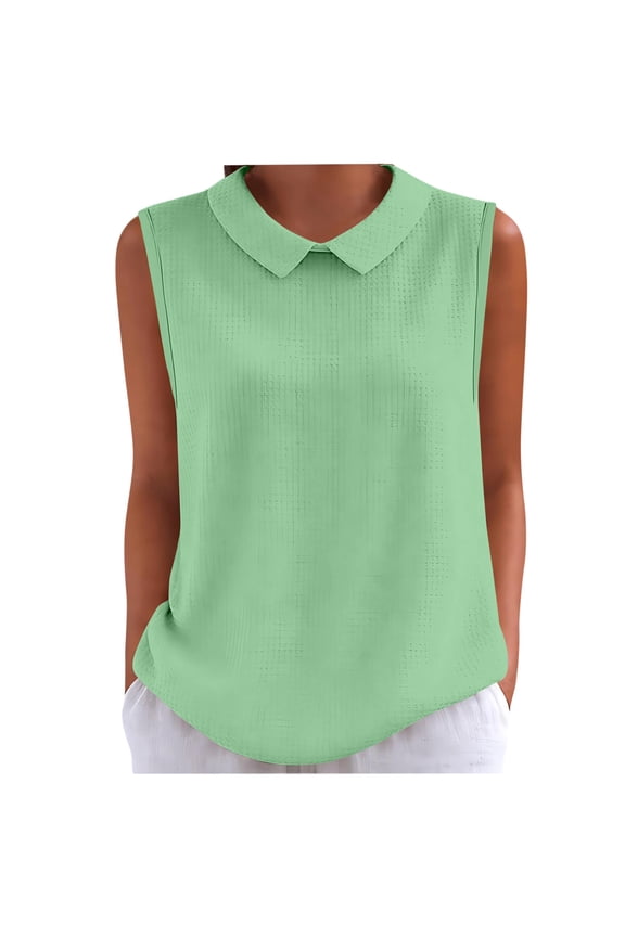 Womens Sleeveless Peter Pan Collar Top Textured Loose Fit Rear Buckle Curved Hem Polyester Solid Color Casual Blouse