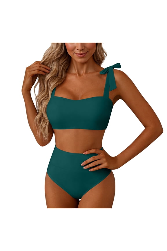 Womens Solid Color Bikini Sets Square Collar Bra Panty Matching Swimsuit Two Piece