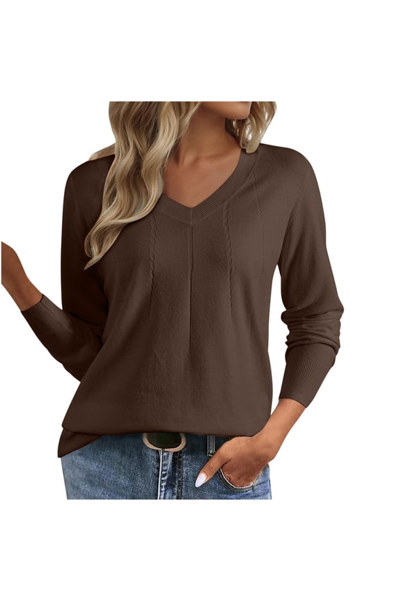 Womens Solid Sweaters Casual V Neck Long Sleeve Lightweight Knit Pullover Sweater Tops Fall Fashion Sweaters(Brown,S)
