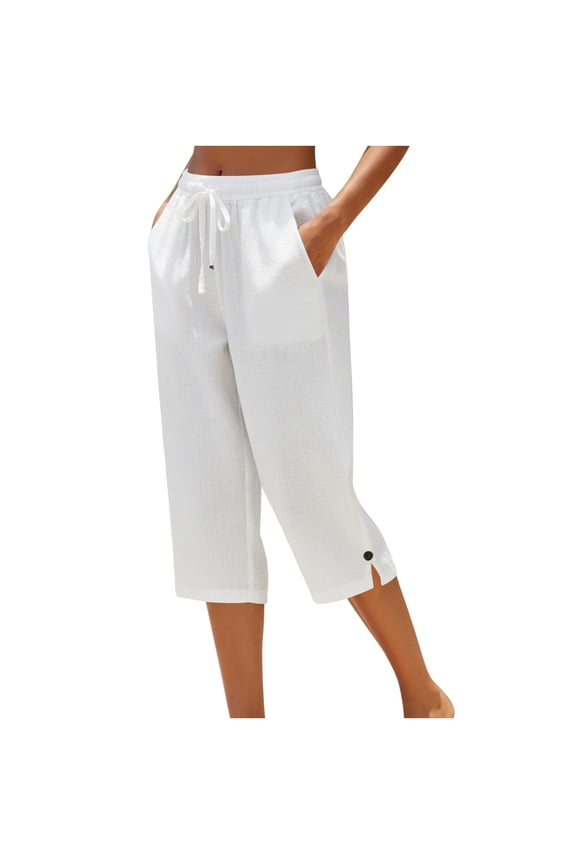 Womens Straight Capri Pants Drawstring Elastic High Waist Hidden Side Inseam Pockets Button Accent Split Hem Summer Beach Home Daily Casual Wear Trousers