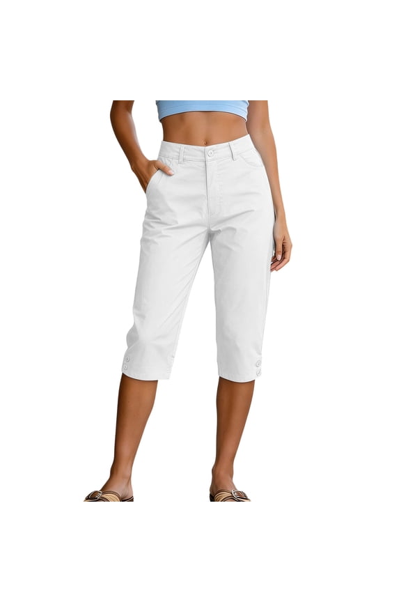 Womens Straight Below Knee Capri Pants High Waist Button Zip Closure Belt Loops Decorative Button Hem Side Pockets Daily Office Outdoor Casual Wear Trousers