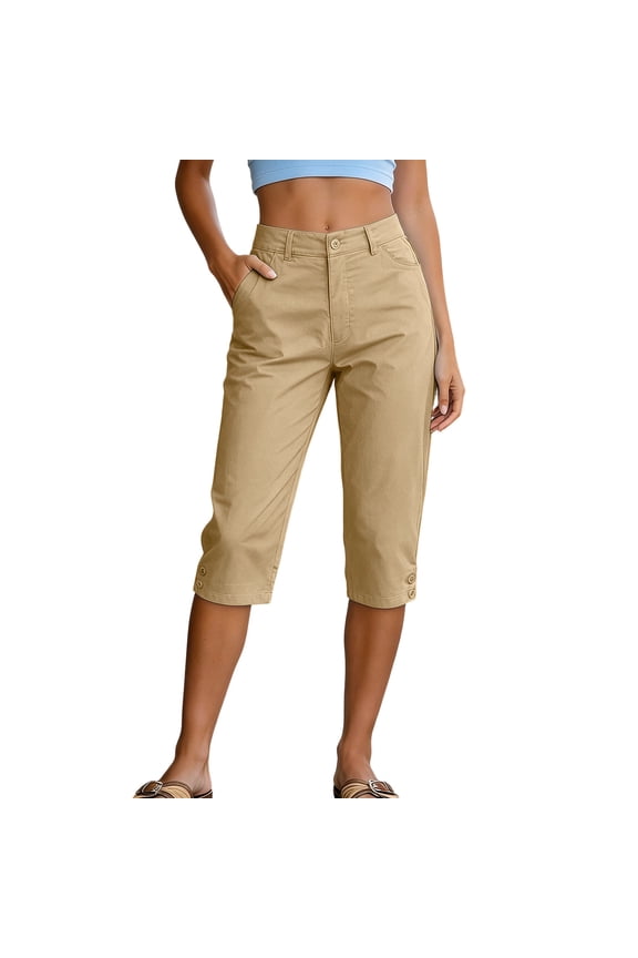 Womens Straight Below Knee Capri Pants High Waist Button Zip Closure Belt Loops Decorative Button Hem Side Pockets Daily Office Outdoor Casual Wear Trousers