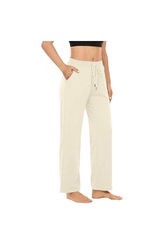 Womens Straight Leg Jogger Pants Drawstring Elastic Waist Side Pockets Stretch Knit Fabric Yoga Workout Daily Casual Wear Trousers