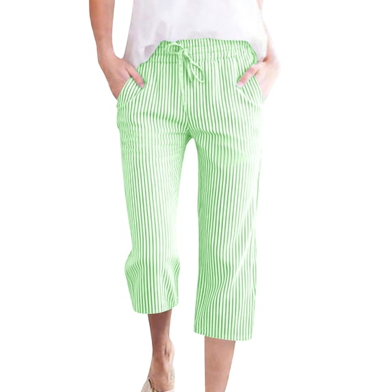 SuTry Womens Striped Capri Pants Drawstring Elastic Waist Side Pockets Straight Leg Loose Fit Daily Vacation Beach Casual Wear Cropped Trousers