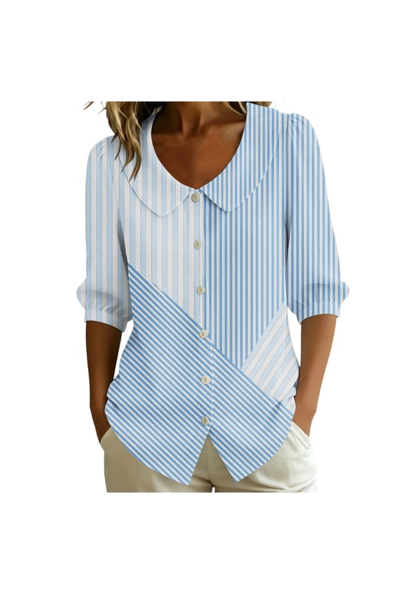 Womens Striped Peter Pan Collar Blouse 3/4 Sleeve Button Front Mixed Stripe Relaxed Fit Casual Spring Summer Lightweight Breathable Woven Top