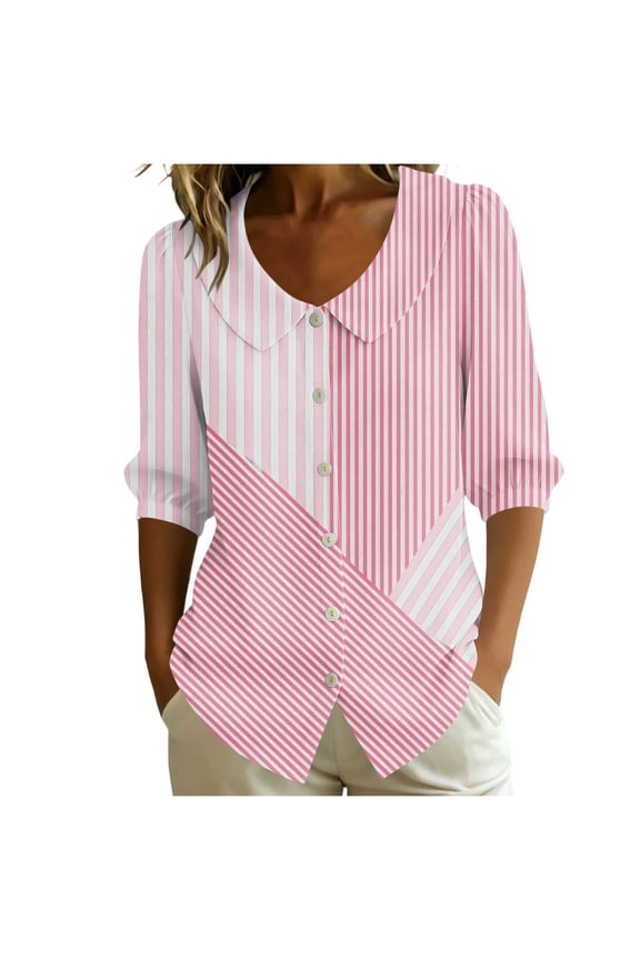 Womens Striped Peter Pan Collar Blouse 3/4 Sleeve Button Front Mixed Stripe Relaxed Fit Casual Spring Summer Lightweight Breathable Woven Top