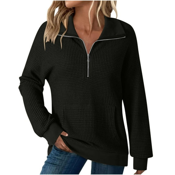 SuTry Womens Sweaters Fall Fashion Long Sleeve Oversized Sweaters Half Zip Pullover Knit Mock Neck Pocket Sweaters for Women(Black,M)