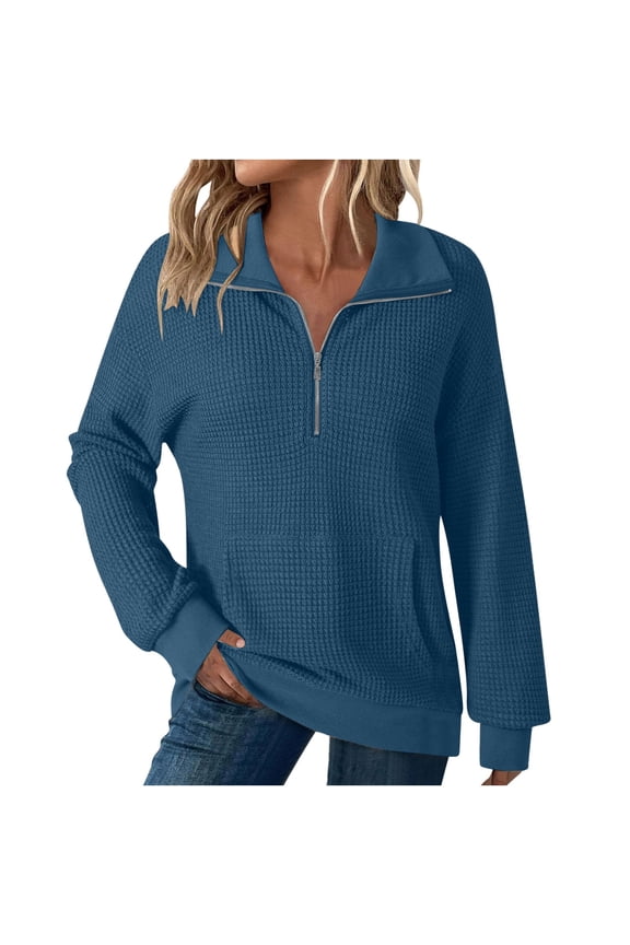 Womens Sweaters Fall Fashion Long Sleeve Oversized Sweaters Half Zip Pullover Knit Mock Neck Pocket Sweaters for Women(Blue,S)