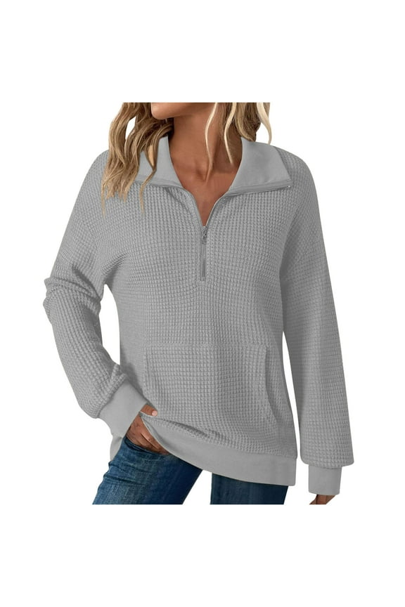 Womens Sweaters Fall Fashion Long Sleeve Oversized Sweaters Half Zip Pullover Knit Mock Neck Pocket Sweaters for Women(Gray,M)