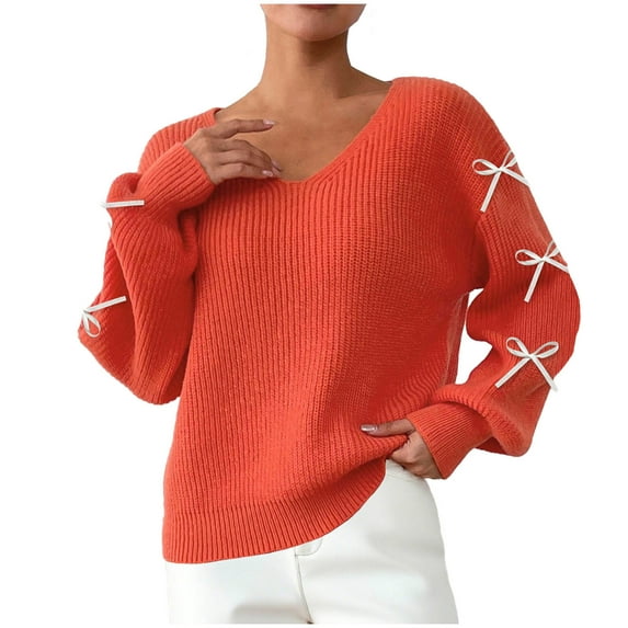 SuTry Womens Sweaters Ribbon Decoration Blouses V Neck Top Fall Winter Pullover Fashionable Sweater Casual Sweaters for Women(Orange,L)
