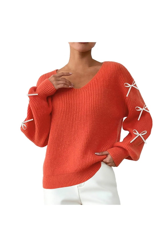 Womens Sweaters Ribbon Decoration Blouses V Neck Top Fall Winter Pullover Fashionable Sweater Casual Sweaters for Women(Orange,L)