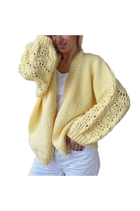 Womens Sweaters Solid Color Fashion Cut Out Patchwork Long Sleeved Casual Knit Top Cardigan Pullover Sweaters for Women(Yellow,M)