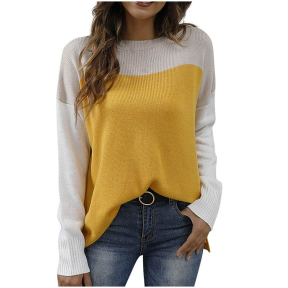 SuTry Womens Sweaters Stylish Solid Color Round Neck Sweater Long Sleeve Casual Patchwork Knitted Top Sweaters for Women(Yellow,XL)