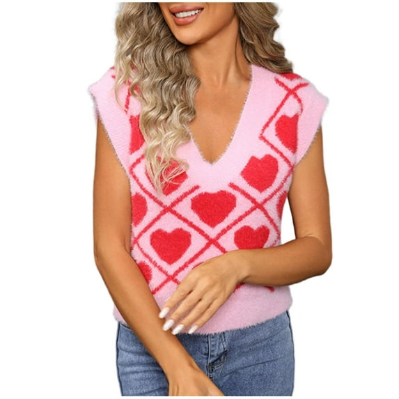 SuTry Womens Sweaters Sweethearts V Neck Sleeveless Sweater Vest Women Casual Pullover Knit Top Sweater for Women Valentine Day Daily Wear Dating Tops(Pink,S)