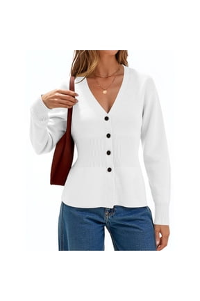 Womens Sweaters V Neck Knit Cardigan Sweaters Fall Winter Solid Color Long Sleeve Waist Defining Slim Fits Button Front Casual Top Sweater for Women(White,L)
