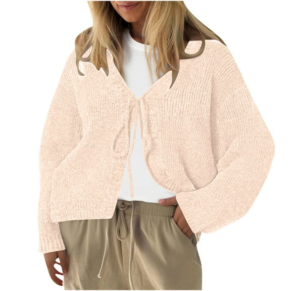 SuTry Womens Tops Slim Cropped Cardigan Fall Winter Soft Knit Long Sleeve Solid Color Casual Fashion Outerwear Sweater(Beige#3,S)