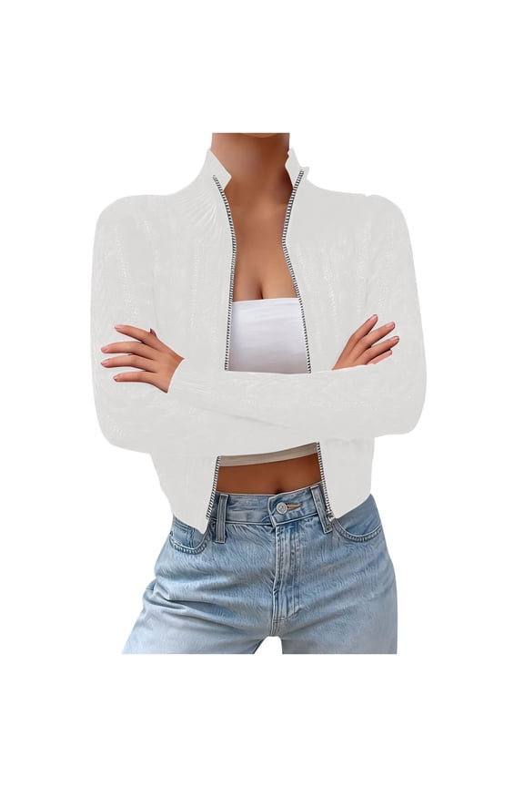 Womens Tops Slim Cropped Cardigan Fall Winter Soft Knit Long Sleeve Solid Color Casual Fashion Outerwear Sweater(White,M)